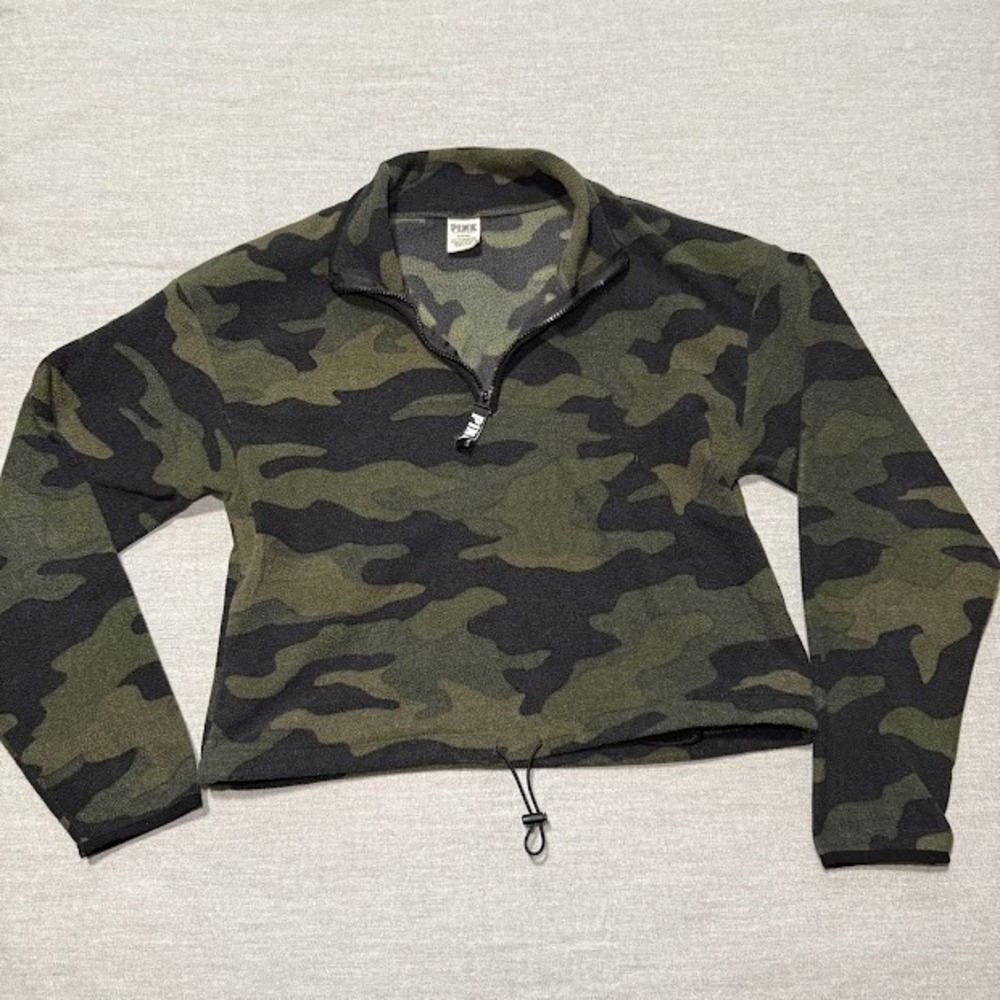 PINK Victoria's Secret Camo Pullover Crop Top Half Zip Fleece Sweatshirt
